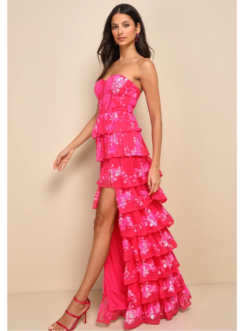 Lulus Definite Glamour Hot Pink Sequin Strapless Bustier Tiered Maxi Dress Large